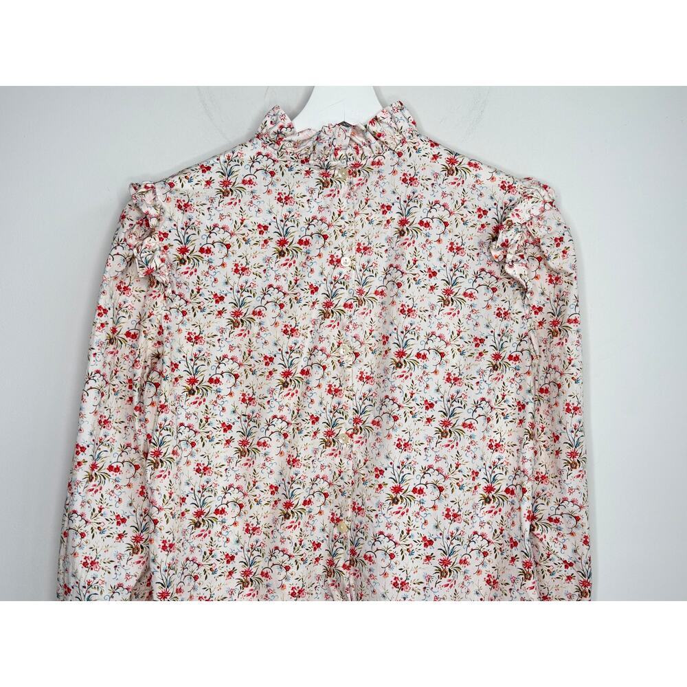 La Vie by Rebecca Taylor Floral Ruffle Neck Blouse Cream w/ Red & Green Small - Picture 10 of 12